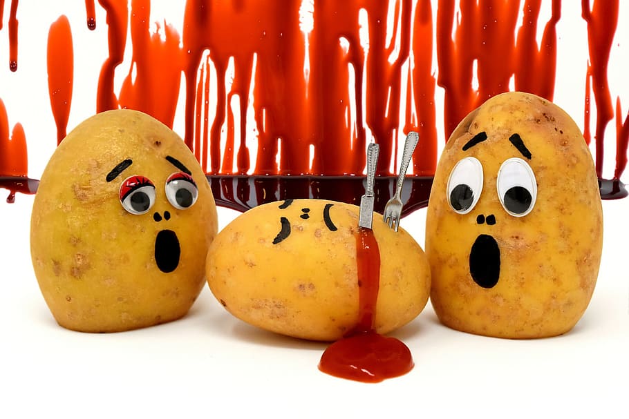 three, potatoes, surface, ketchup, murder, blood, funny, fun, knife, kill