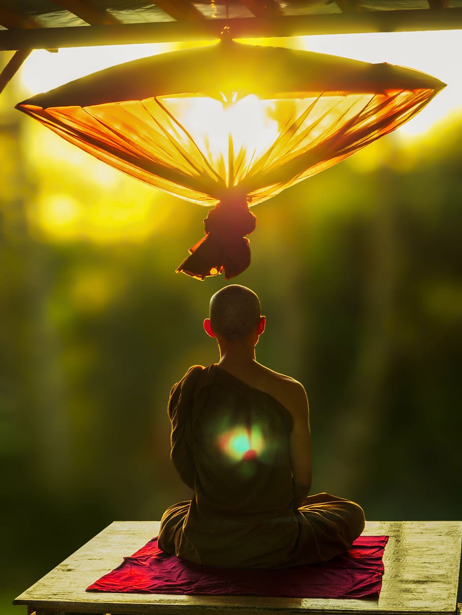 man meditating, theravada buddhism, meditate, umbrella, monk meditating, theravada, buddhism, meditation, temple, culture