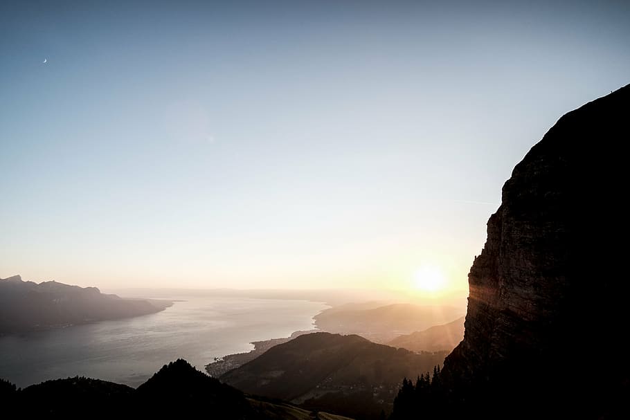 silueta, montaña, puesta de sol, foto, f, colina, cuerpo, agua, naturaleza, paisaje