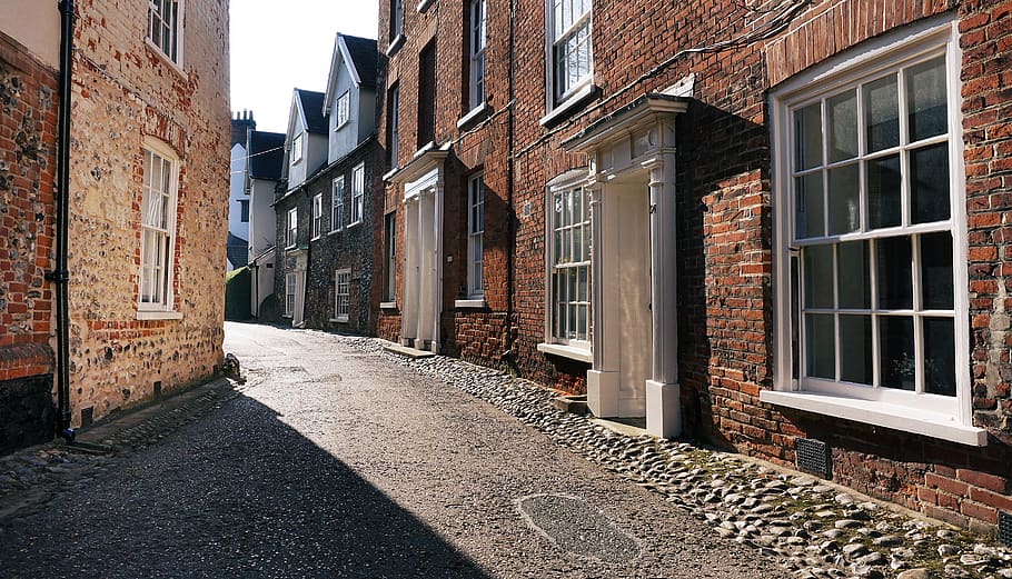 old, town, street, cottages, victorian, cobble, stone, brick, windows, building exterior