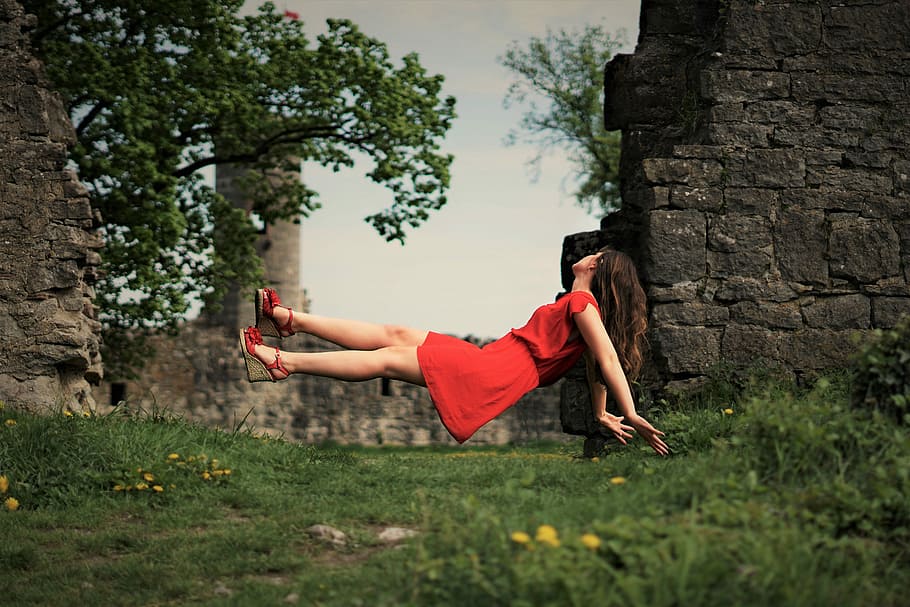 woman levitating, green, grasses, outdoor, nature, human, grass, summer, levitation, meadow