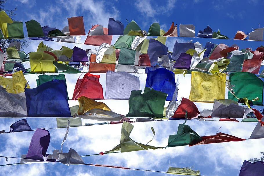 assorted, handkerchiefs, blue, sky, flags, tibetan flags, colours, tibetan, buddhism, culture