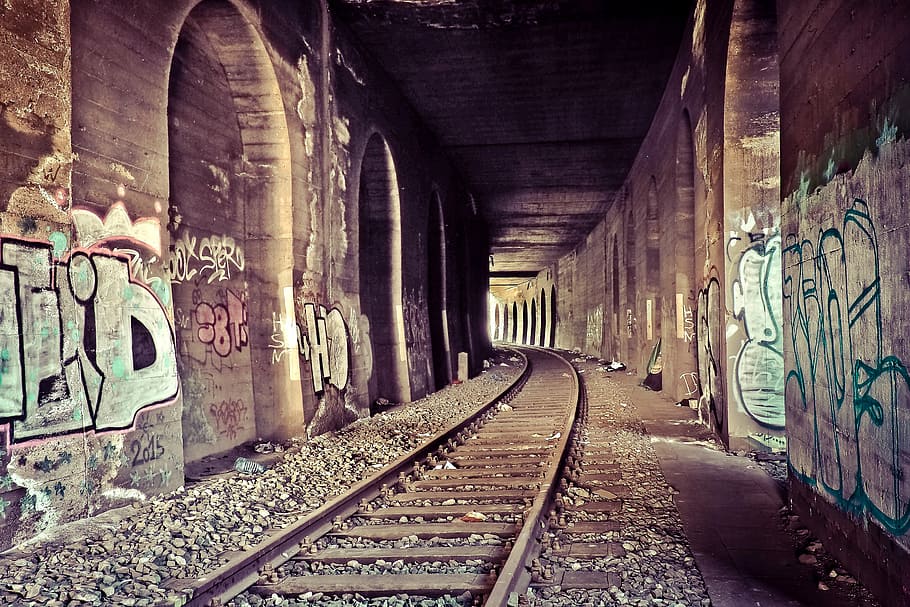 brown train railway, lost places, tunnel, gleise, railway, railroad track, seemed, railway tunnel, old, leave