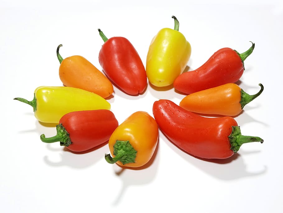 assorted-color bell peppers, pepper, yellow, red, orange, paprika, salad, food, ingredient, vegetable