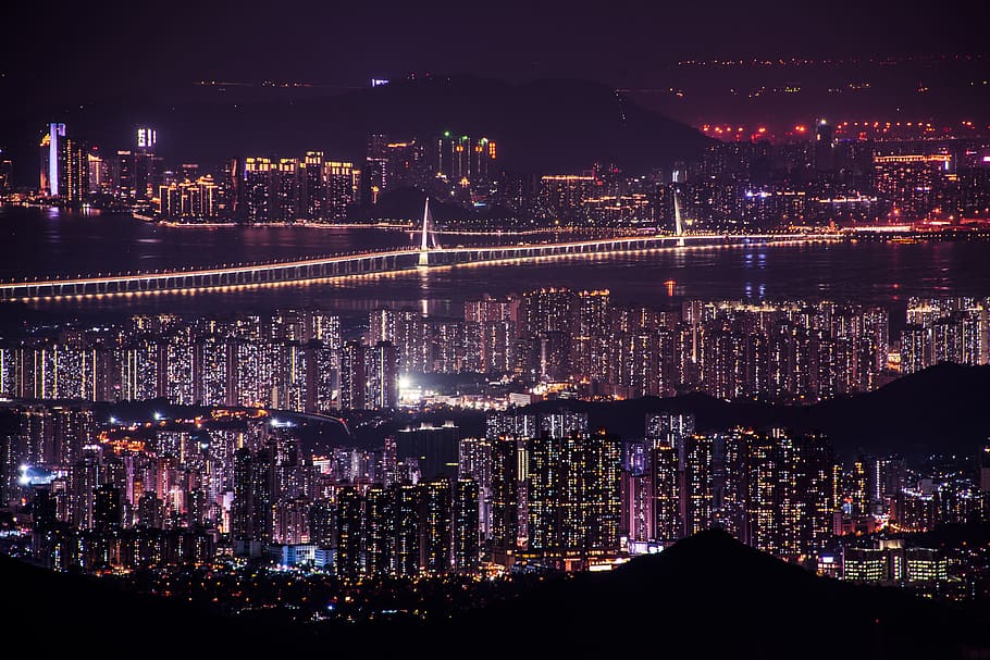 hong kong, shenzhen, puente, noche, paisaje, china, asia, escénico, naturaleza, panorama