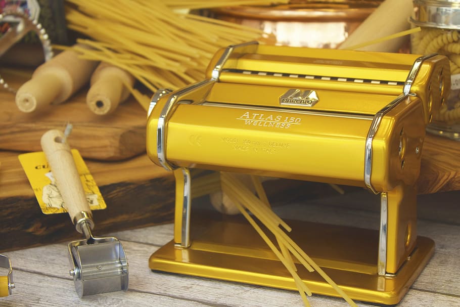brass-colored pasta maker, white, wooden, surface, pasta, machine, shop, window, kitchenware, spaghetti
