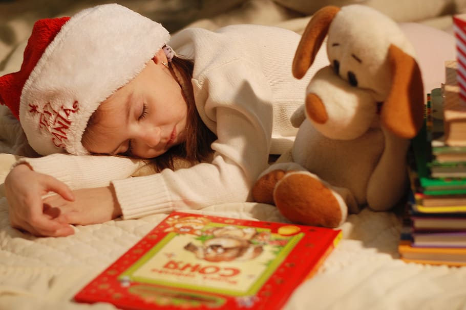 girl, white, red, wearing, sleeping, Santa hat, book, new year's eve, holiday, gift