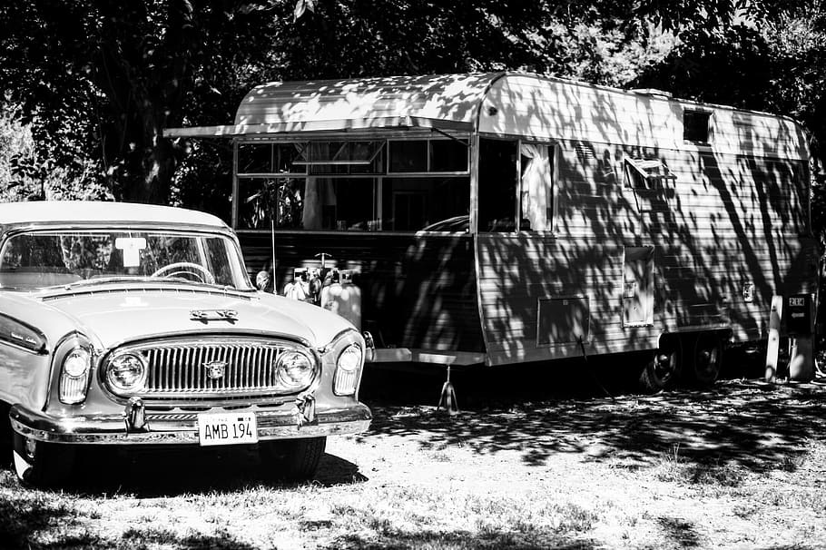 grayscale photo, car, trailer, old car, vintage, travel, travel trailer, old, vehicle, outdoors