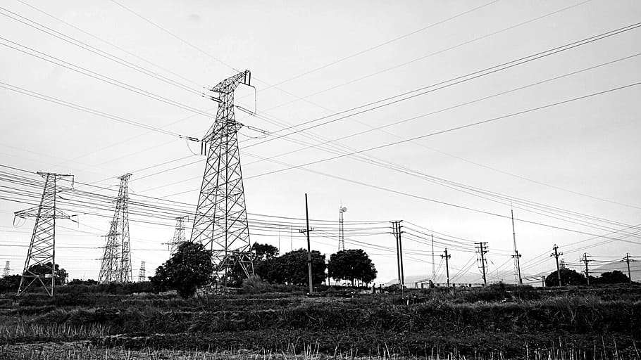 pylons, black and white, the scenery, ye tian, country, electricity, cable, fuel and power generation, electricity pylon, power supply