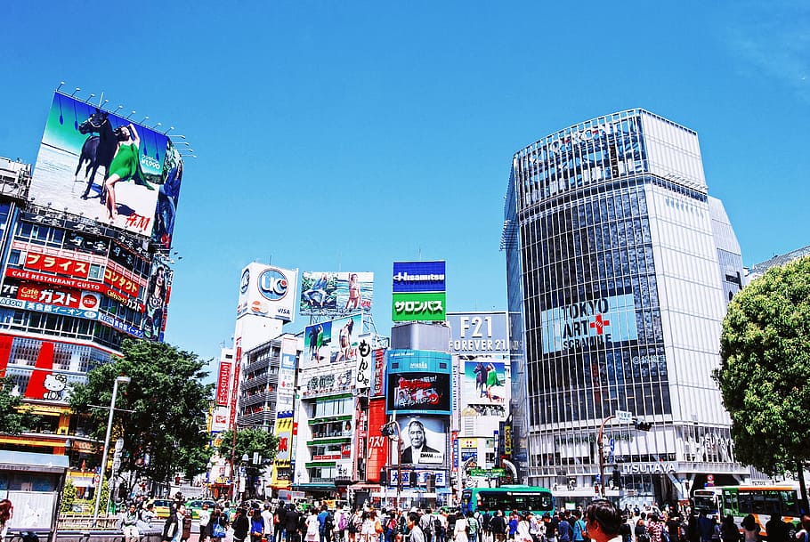풍경 사진, 고층, 건물, 푸른, 하늘, 낮, 일본, 도쿄, 쇼핑, 쇼핑 센터