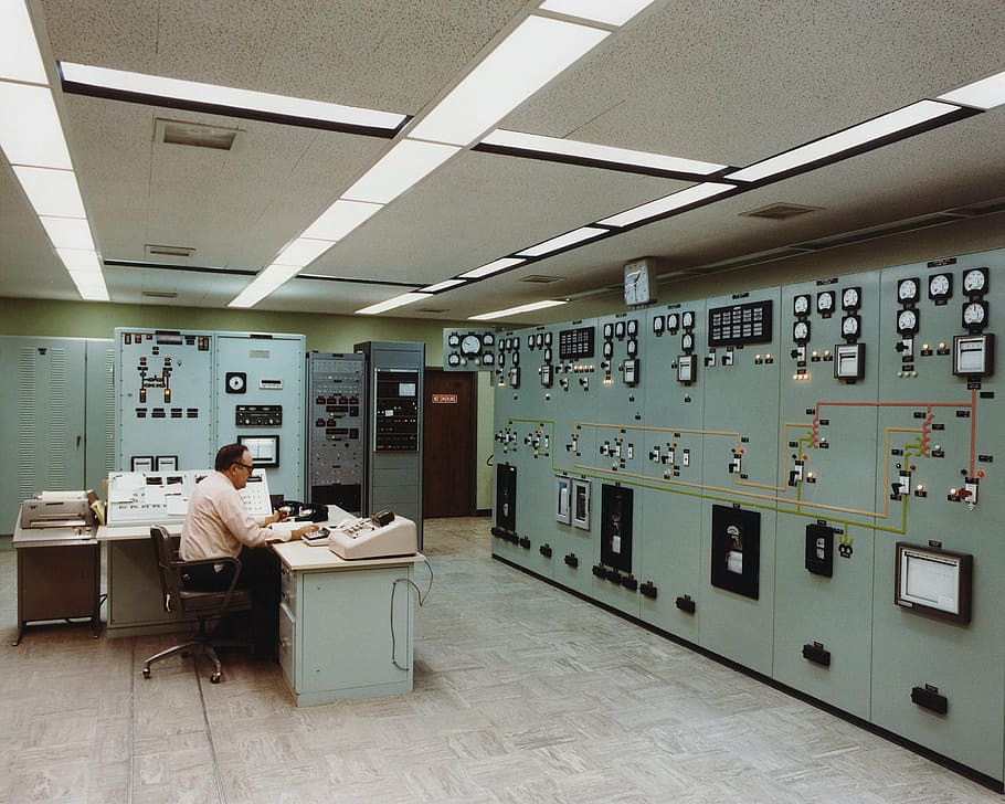 man, sitting, white, working, control room, electrical substation, energy, technology, technical, professional