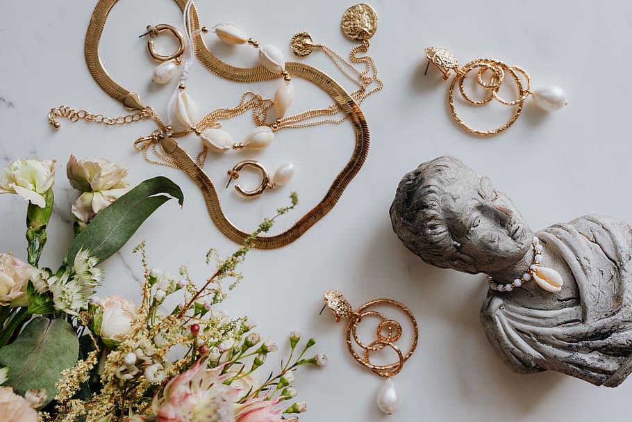 perhiasan, marmer, glamour, kalung, gelang, bracele, earrngs, emas, putih, dalam ruangan