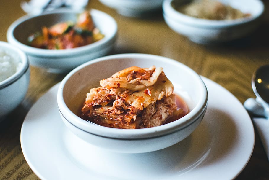white, bowl, close, Kimchi, close up, eating out, healthy, korean, restaurant, food