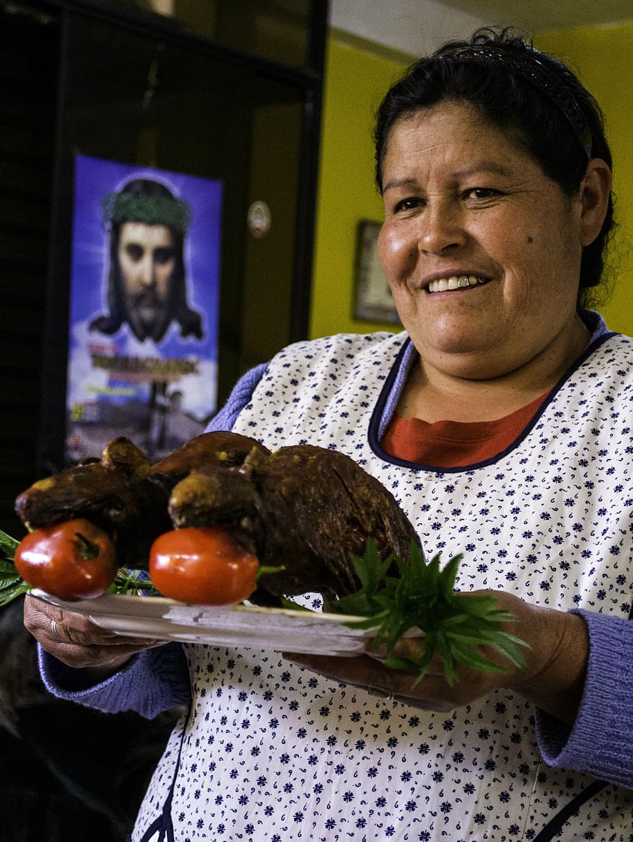 woman, lunch, guinea pigs, peru, meal, family, jesus, indoors, real people, smiling