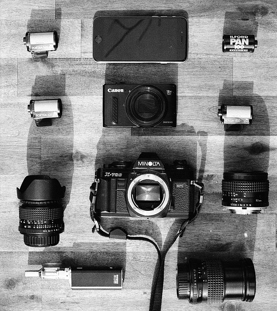 hitam, canon, minolta dslr kamera, kamera vintage, film, vintage, kamera, retro, tua, kamera film