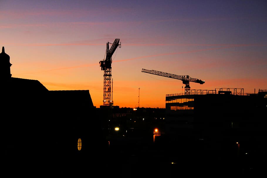 crane, houses, golden, hour, silhouette, sun, set, architecture, building, infrastructure