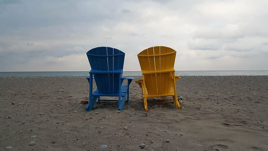 blue, yellow, wooden, adirondack chairs, beach living, toronto, ashbridges park, winter, beach, living