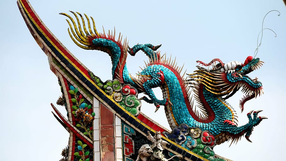 blue, red, gold dragon illustraqtion, dragon, the myth story, temple, animal, china the myth, culture, long