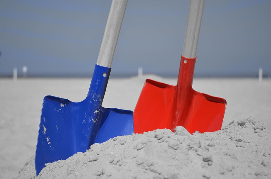 two, blue, red, shovels, blade, spade, dig, sand, excavate, bury