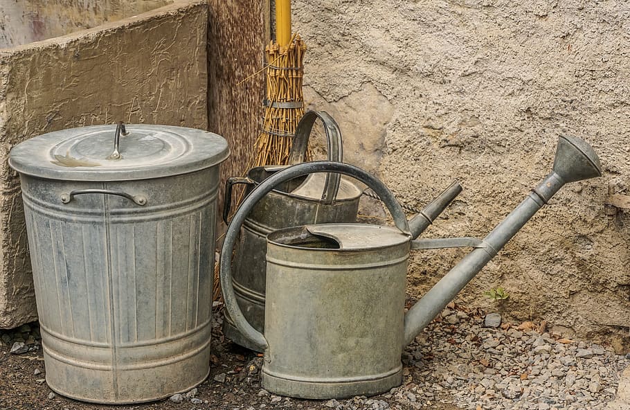 watering can, bucket, gardening, casting, garden, still life, nostalgic, vessel, broom, waste bins