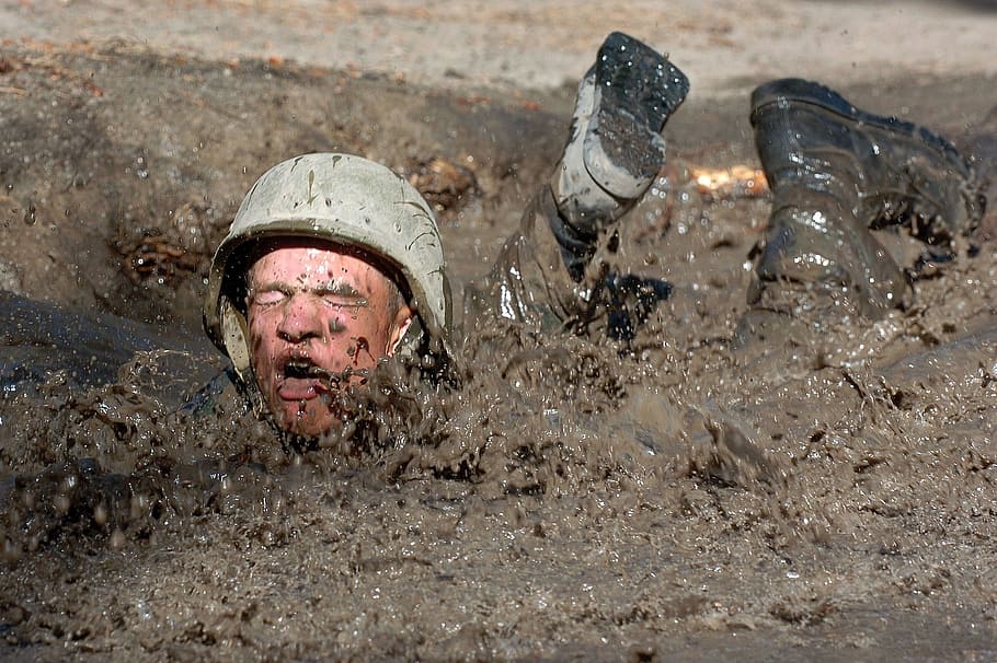 soldier, lying, prone, mud, daytime, crawl, obstacle, military, pit, water