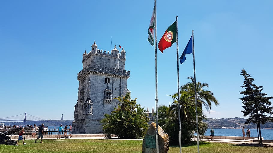 lisbon, torre belem, portugal, places of interest, tourism, lisboa, building, tower, flag, sky