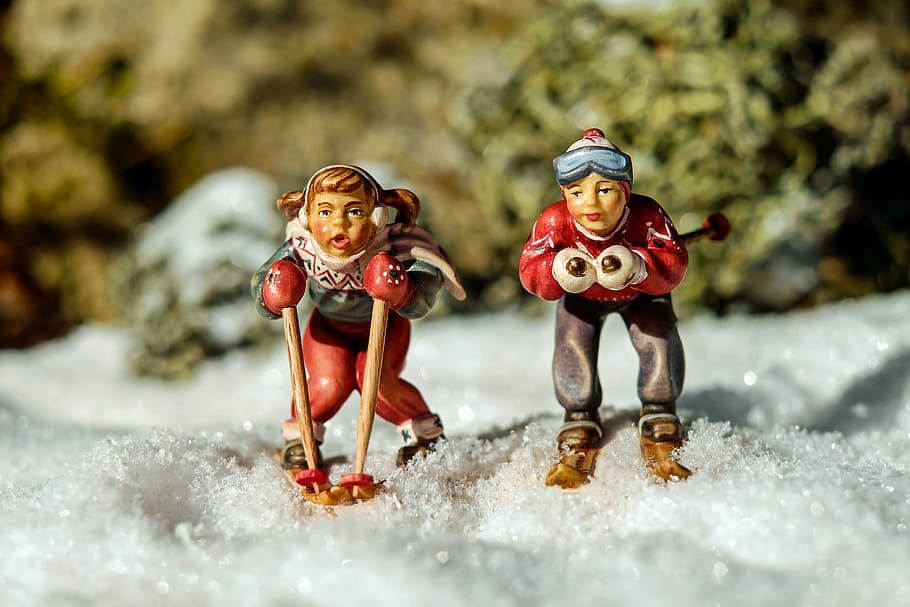 two, woman snow skiing, white, textile figurines, skiing, backcountry skiiing, winter, skiers, figure, holzfigur