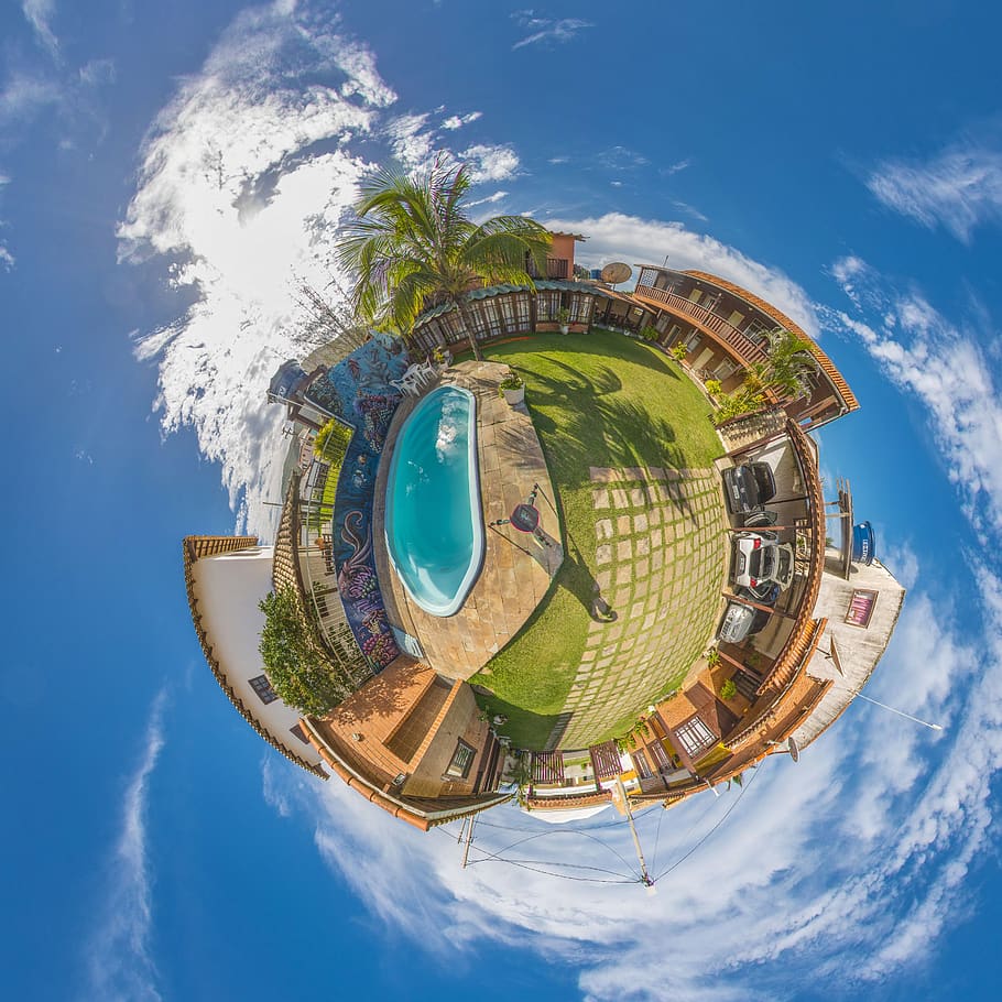 spherical, trip, sky, city, planet, cloud - sky, fish-eye lens, planet earth, architecture, nature