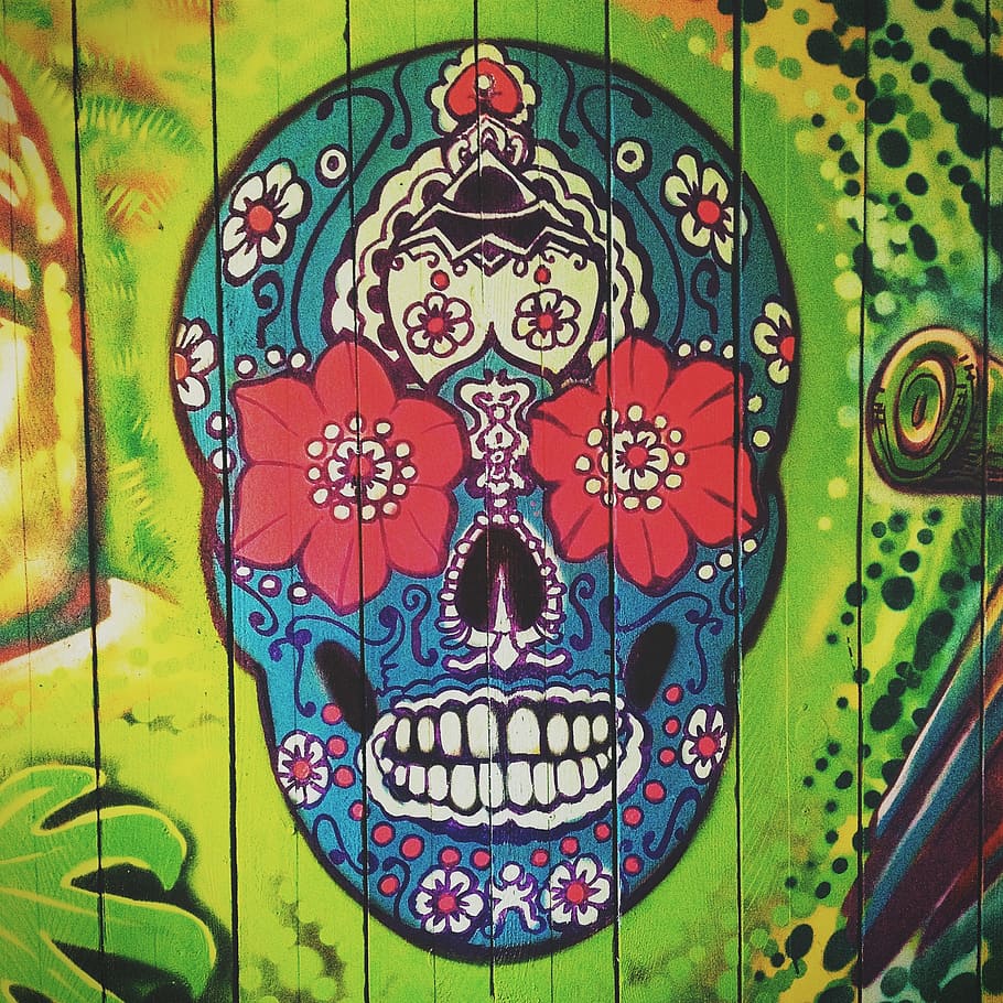 青, 赤, 白, カラベラスカル絵画, 頭蓋骨, シンボル, メキシコ, 文化, 記号, ヴィンテージ