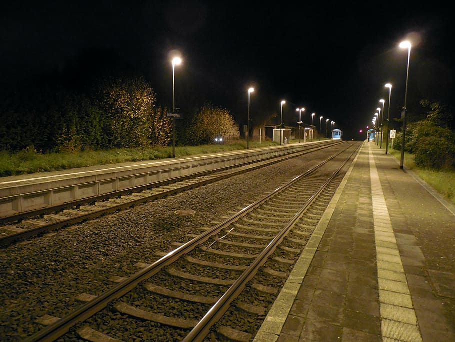 rel, trek, kereta api, stasiun kereta api, infinity, malam, kegelapan, kesepian, pergi, rel kereta api