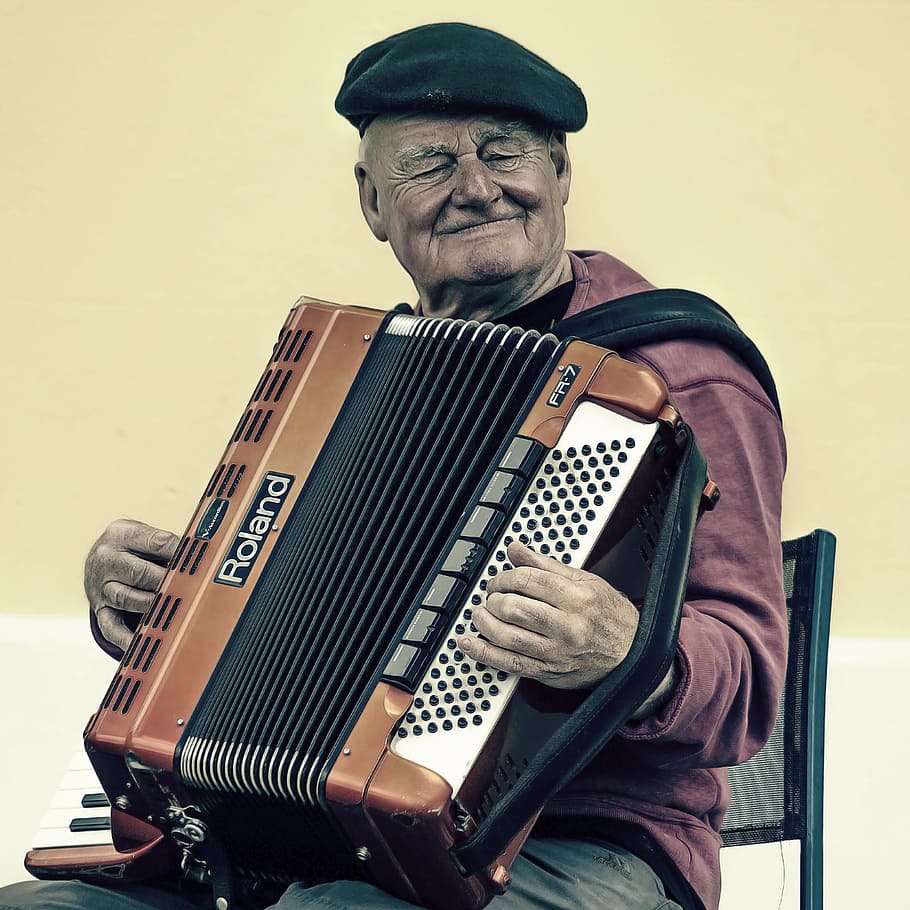 man, wearing, flat, hat, playing, accordion, elderly, music, musical instrument, musician