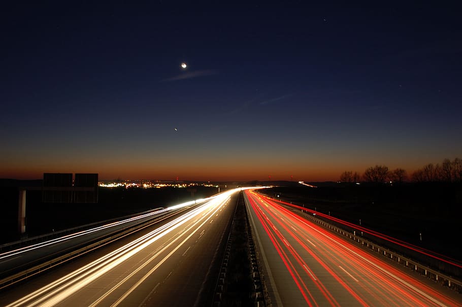 도로, 고속도로, 운송 시스템, 교통, 빠른, 황혼, 저녁, 어둠, 속도, 자동