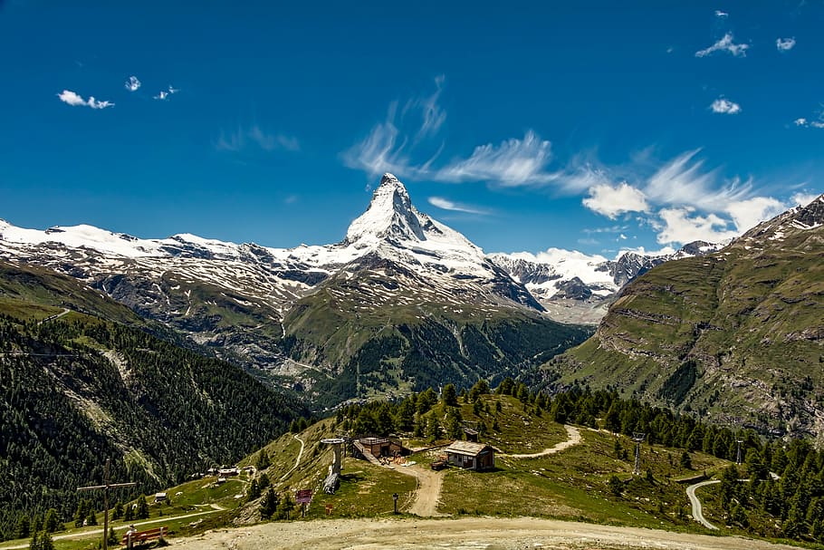 snow-covered, mountain, daytime, switzerland, matterhorn, zermatt, landscape, alps, peak, mountain range