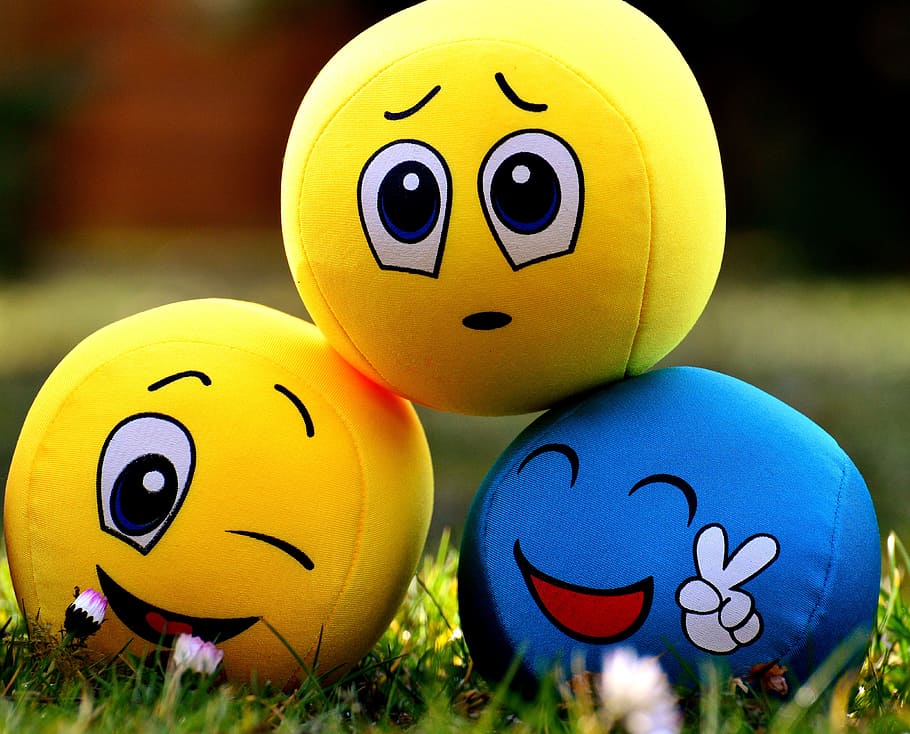 three, assorted-color ball, plush, toy, grass, smilies, emotions, balls, funny, cute