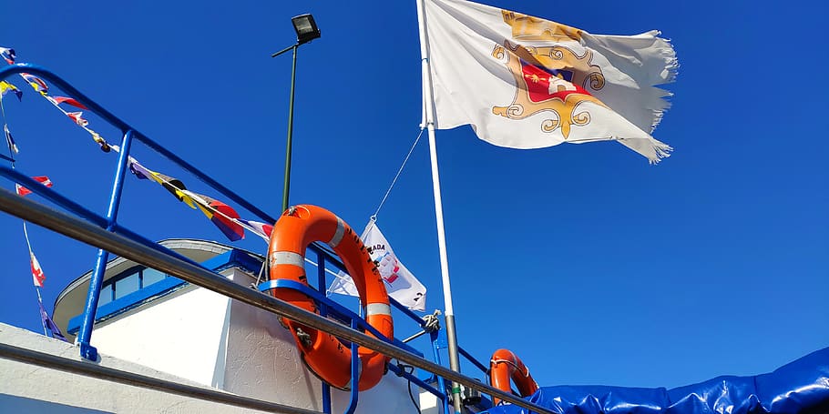 boat, sea, flag, sky, nature, summer, blue, ship, travel, low angle view