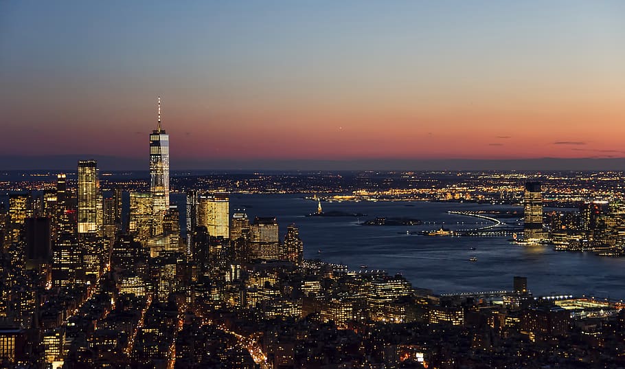 panorámica, ciudad, paisaje urbano, horizonte, viajar, Nueva York, Manhattan, noche, cielo, rascacielos