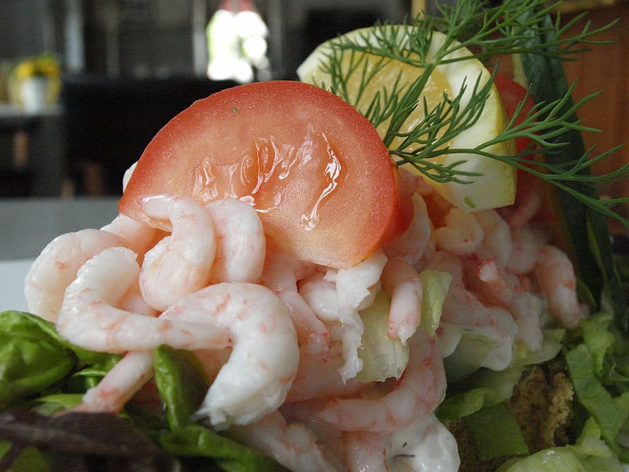 Shrimp, Tomato, Dill, Lemon, shrimp sandwich, mat, dish, seafood, japanese food, sashimi