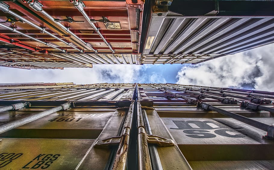 worm, eye view, freight containers, container, port, loading, stacked, container terminal, container handling, cargo