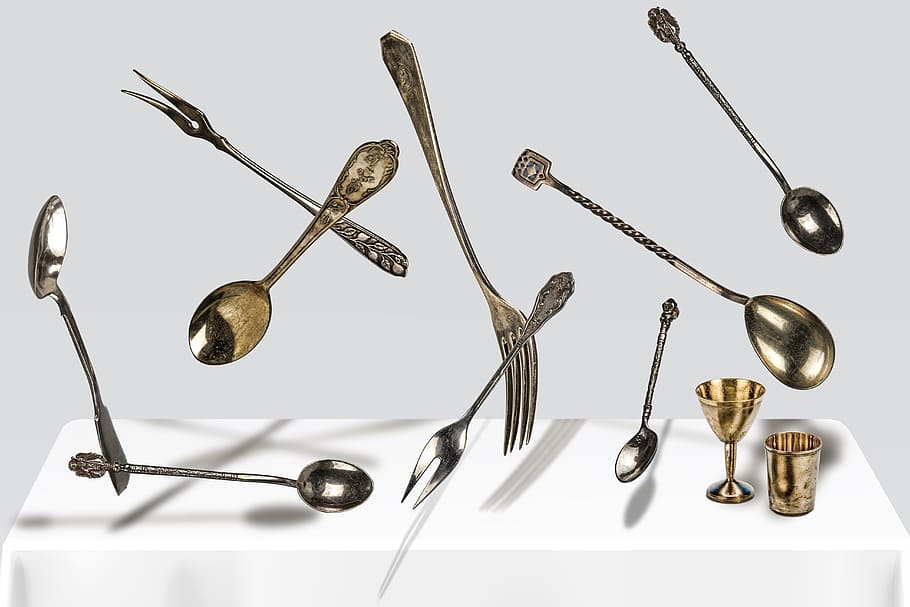 spoon, fork, cutlery, silver, glass, laying, falling, shadow, vintage, white background