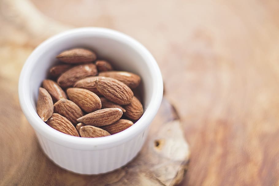brown, almond nuts, round, white, ramekin, almonds, food, nuts, healthy, diet