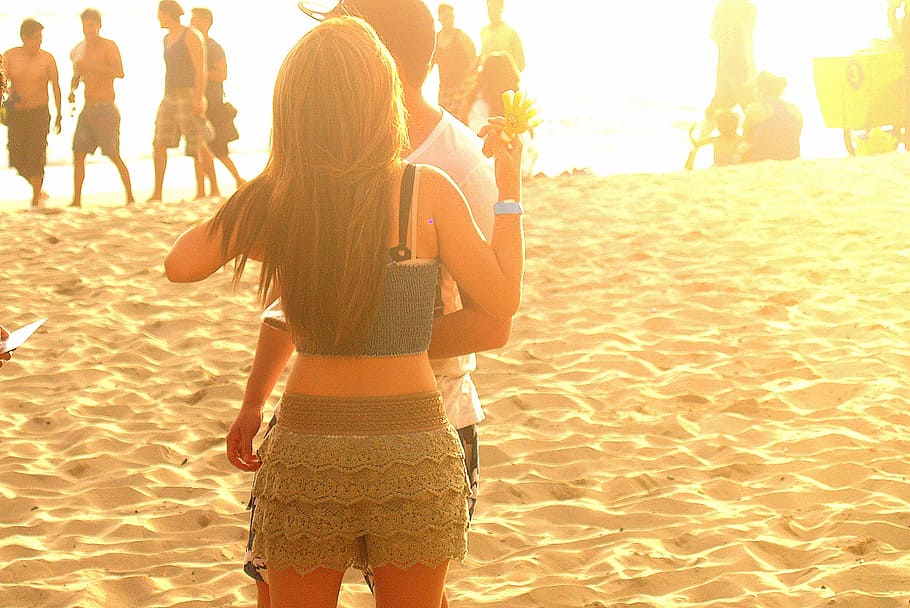 people, standing, beach, sunset, couple, romance, sand, ecuador, montanita, ocean