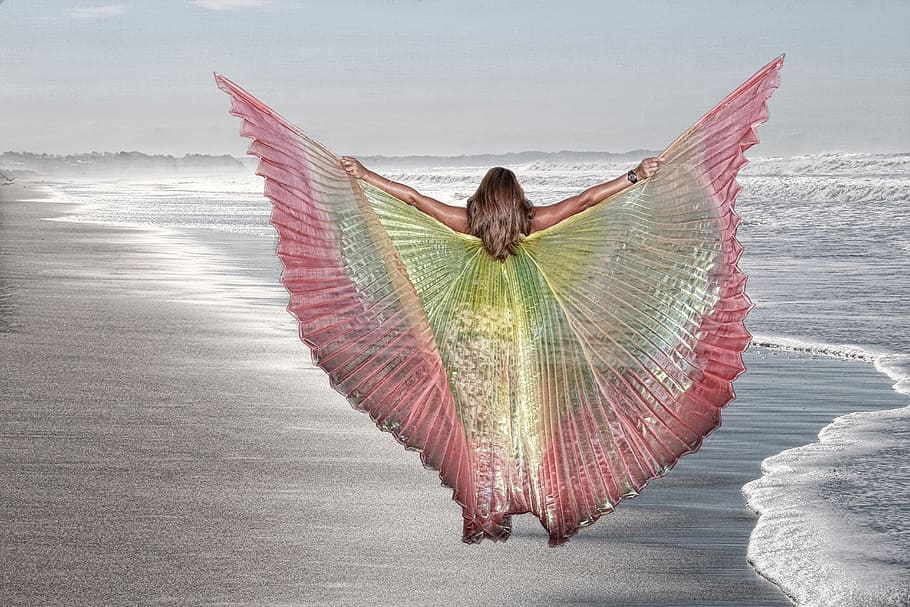 woman, wearing, dress, wings, flying, sea, the sea, fairy, beach, butterfly