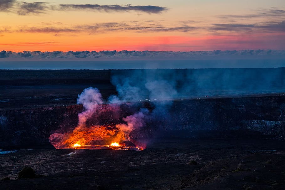 white, mountains, smoke, volcano, halema‘uma‘u lava lake, sunset, volcanoes national park, hawaii, usa, landscape