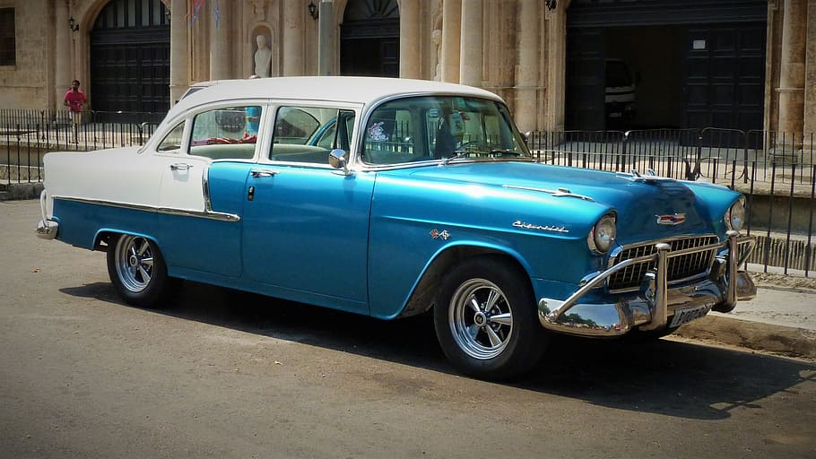classic, blue, white, cadillac sedan, parked, roadside, daytime, Chevrolet, Cuba, Havana