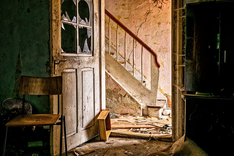 開く, ドア, 白, 階段, 失われた場所, 放棄された場所, 家, 部屋, スペース, 古い家