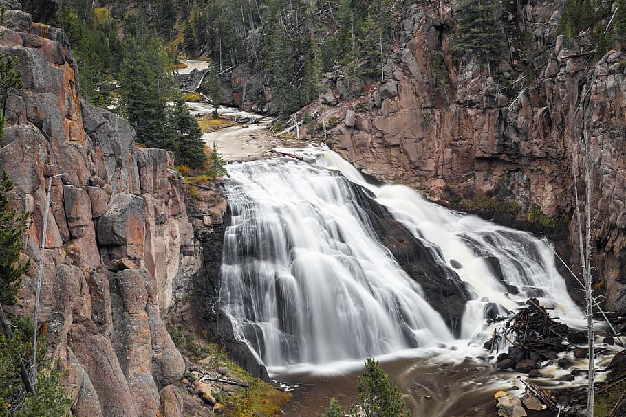 cascade waterfalls, waterfall, scenic, landscape, gibbon falls, yellowstone national park, wyoming, usa, river, outdoors