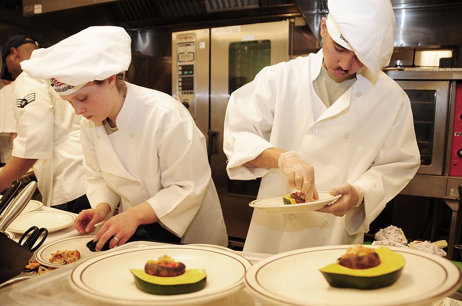 woman, wearing, chef hat, coat, chefs, competition, cooking, appetizers, job, kitchen