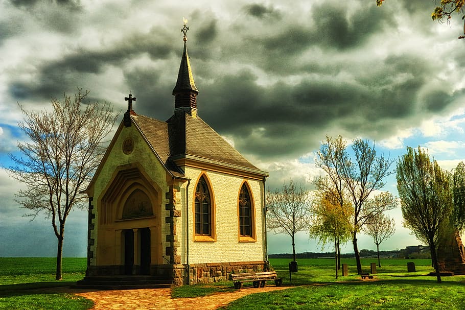brown, cathedral, white, clouds, chapel, eifel, germany, wayside chapel, christian, small church