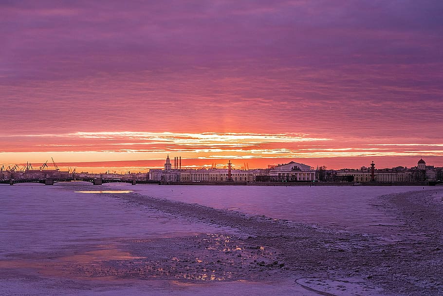 gray, concrete, building, sunset, st petersburg, russia, winter, evening, beautiful, inimitably