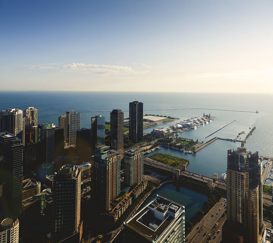 aerial, view, city buildings, chicago, navy pier, pier, illinois, navy, architecture, city